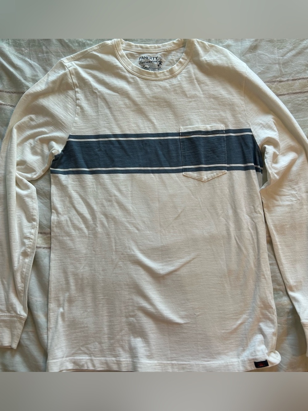 Faherty Men’s Cream Long-Sleeve Tee with Navy Chest Stripe and Pocket M
